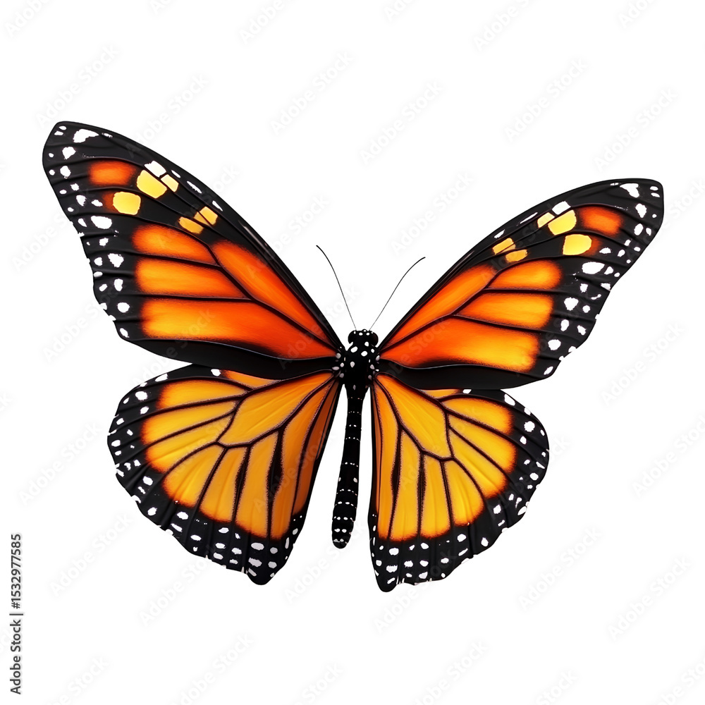 Fototapeta premium Colorful monarch butterfly with wings open, isolated on transparent background. 