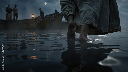 Jesus walking on water close up of feet walking on sea or ocean	
