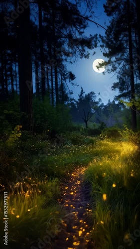 Mystical forest path illuminated by fireflies under a bright moon, tall trees framing a magical evening scene
