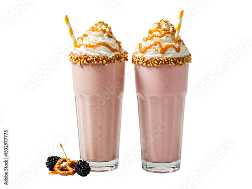 Colorful set of four milkshakes with cookies, fruits, and creamy toppings isolated on a transparent background—perfect for dessert menus, food ads, and summer treats.