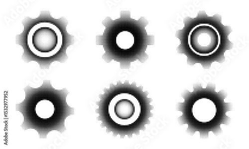 Set of black halftone gear icons. Dotted cogwheel symbols in pop art style. Vector mechanical settings concept isolated on white background. Suitable for tech, app, or system design.