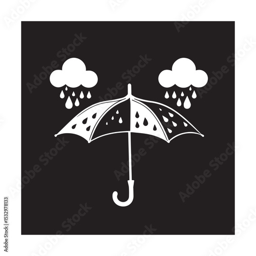Umbrella in rain clouds black and white illustration