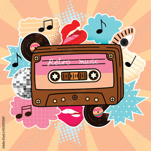 Retro music compact cassette tape poster. Vintage vector design with vinyl record, footnotes with musical notations, lips, eye, disco ball. Blue, pink, red, beige colors. Pop art style illustration.