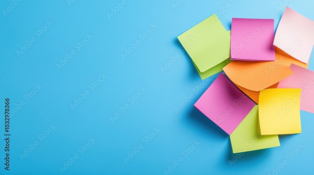 Fototapeta premium Colorful sticky notes arranged on a blue background for creative planning
