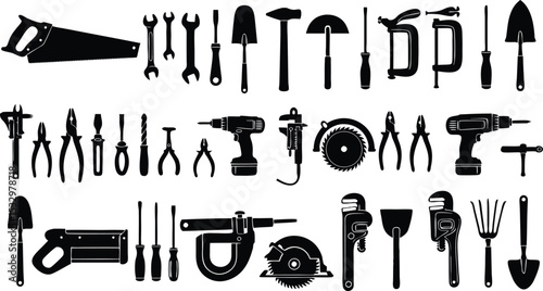 Black Silhouettes of Various Hand and Power Tools hand tools