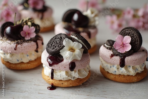 Delicious mini cakes topped with cherry and chocolate decorations  