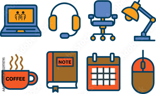 Work from Home Essentials - Productivity And Office Tools Icons.