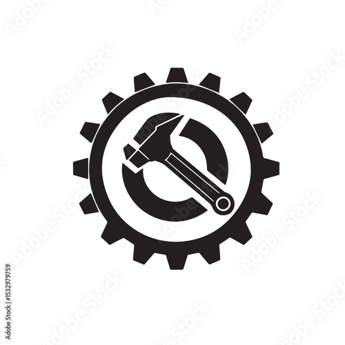 Gear with hammer and wrench icon black and white
