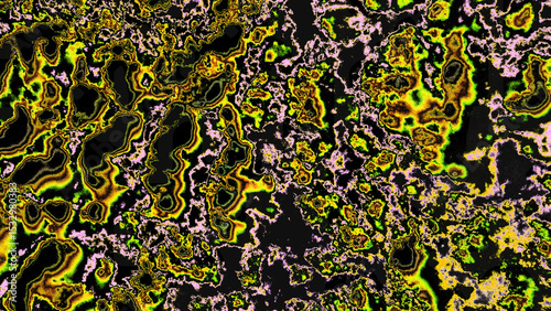 Digitally generated image: Bright, chaotic abstract with organic shapes in neon green, yellow, and pink on black. Ideal for digital art, tech, or vibrant backgrounds.