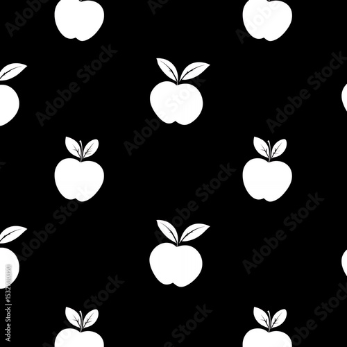 A black and white pattern of apples with green leaves. The apples are all the same size and shape