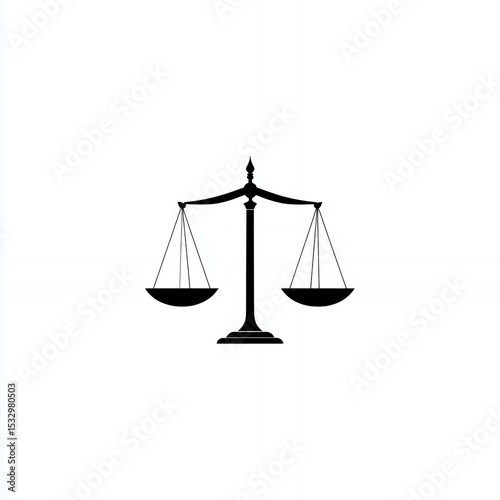 A black and white image of a scale with a black pole. The scale is balanced and the image is simple