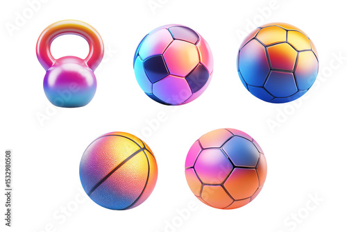 A vibrant collection of five colorful sports balls, including a kettlebell, soccer ball, basketball, and more. Perfect for fitness enthusiasts and sports-themed designs. photo