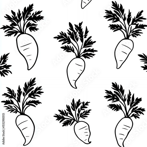 A black and white drawing of several carrots. The carrots are all different sizes