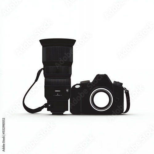 A camera and lens are shown side by side. The camera is black and the lens is silver