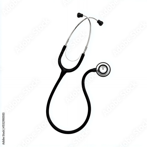 A black and white stethoscope with a white tip is displayed on a white background