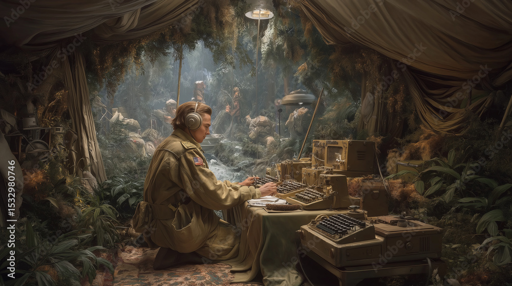 Fototapeta premium Radio Operator Communicating from a Jungle Camp in a Remote Area