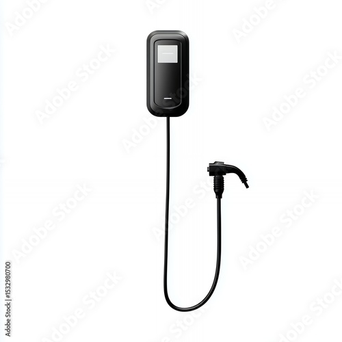 A black device with a white background. The device is connected to a black cord
