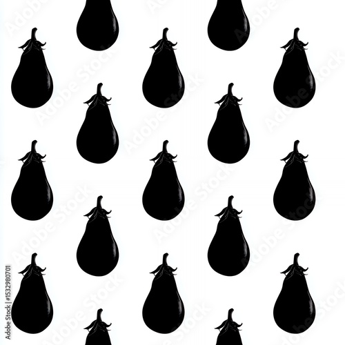 A black and white image of a bunch of pears. The pears are all different sizes