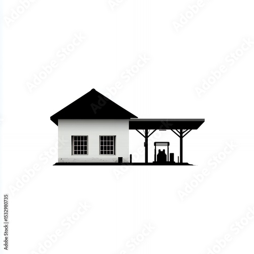 A white house with a black roof and a black awning. The house is empty and has no furniture