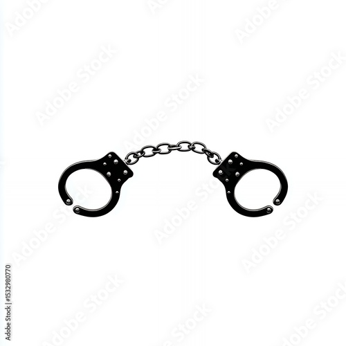 A pair of handcuffs are chained together. The handcuffs are black and the chain is silver