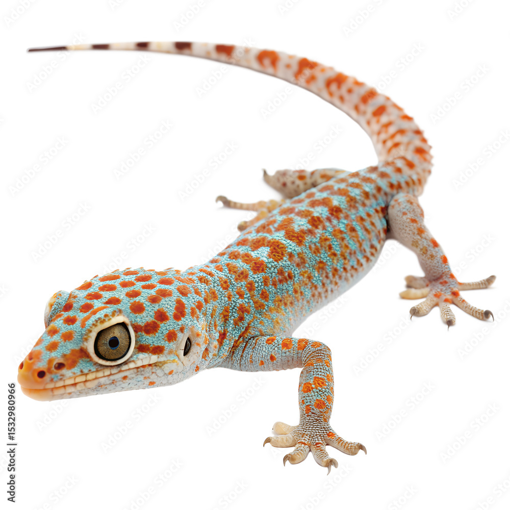 Naklejka premium A vibrant, colorful gecko with blue and orange spots. It has a slender body and long tail, showcasing its unique patterns against a black background.