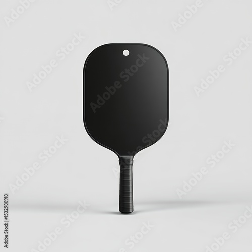 A black paddle with a white handle. It is a paddle used for a game