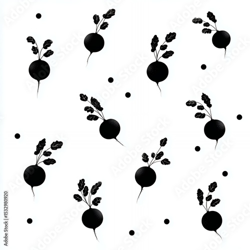 A black and white photo of radishes with leaves and dots. The image has a vintage feel to it