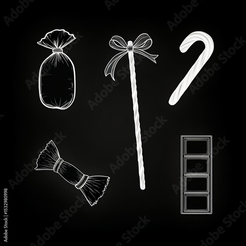 A black and white drawing of various items including a candy cane, a ribbon, a bag, and a stick