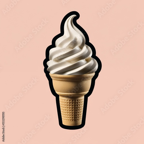 A white ice cream cone with a swirl of ice cream on top. The cone is made of a waffle pattern
