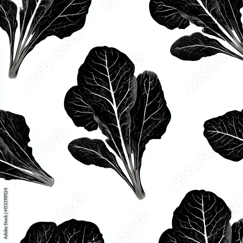 The image is a black and white photograph of a bunch of leaves, arranged in a pattern on a white bac