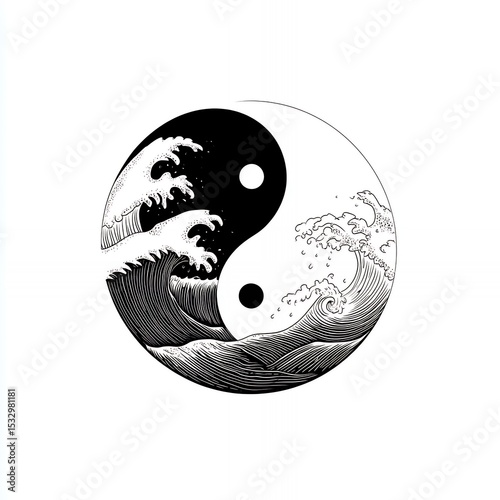 A black and white drawing of a wave with a yin and yang symbol in the center. The wave is crashing
