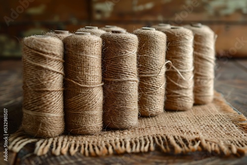 Handmade jute thread spools in line high resolution picture