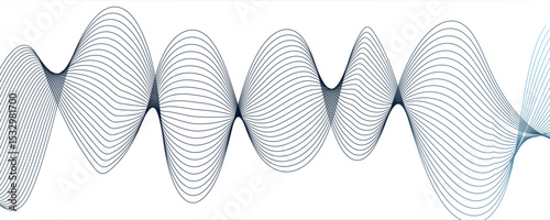 Abstract monochromatic wave pattern with smooth, flowing curves. Shades of grayscale, from light to dark,Frequency sound wave lines and technology curve lines. Wavy banner, template design.