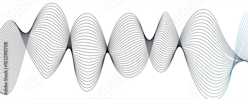 Abstract monochromatic wave pattern with smooth, flowing curves. Shades of grayscale, from light to dark,Frequency sound wave lines and technology curve lines. Wavy banner, template design.