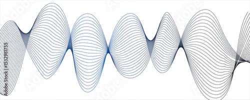 Abstract monochromatic wave pattern with smooth, flowing curves. Shades of grayscale, from light to dark,Frequency sound wave lines and technology curve lines. Wavy banner, template design.