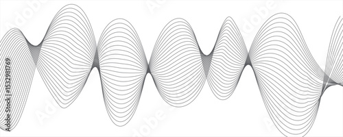 Abstract monochromatic wave pattern with smooth, flowing curves. Shades of grayscale, from light to dark,Frequency sound wave lines and technology curve lines. Wavy banner, template design.