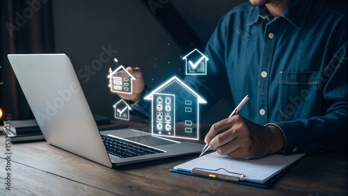 Online housing market and real estate innovation. A professional using digital tools for home searching, property investment, and virtual real estate transactions.