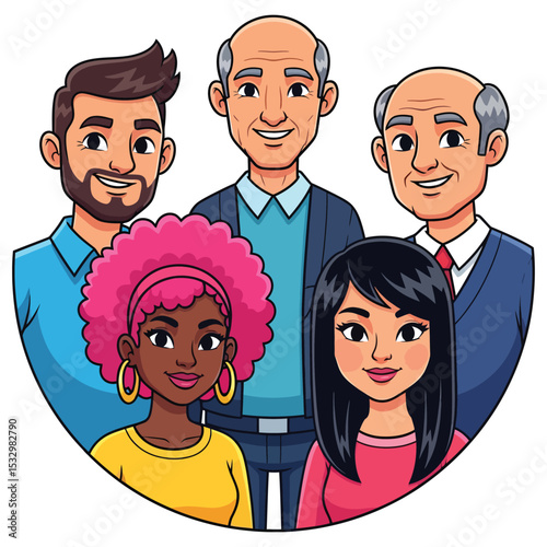 Diverse Cartoon Family Portrait with Smiling Faces in a Circle, Generational Togetherness