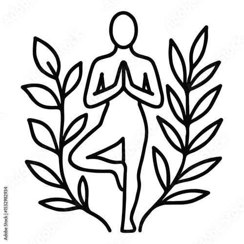 A minimalist outline featuring a yoga pose silhouette in a spring botanical arrangement style, created in simplified bla