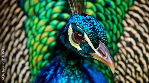 Majestic Peacock Portrait: Intricate Plumage Details in Vibrant Colors and Sharp Focus