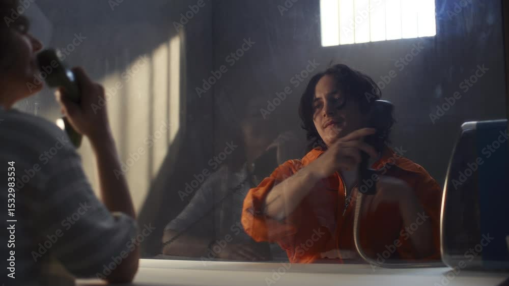 Inmate in orange uniform touching hands with female visitor through ...