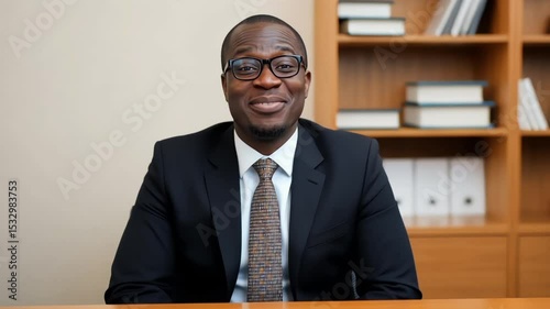 Friendly Professional Man Smiling at His Desk in a Classic Office. Portrait of a consultant, lawyer, or manager