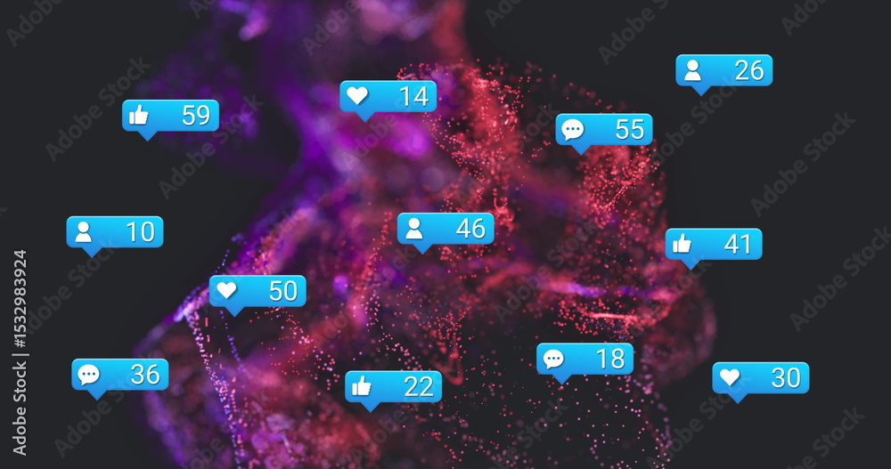 Naklejka premium Swirling purple red particles in cyberspace, with blue social media notification bubbles