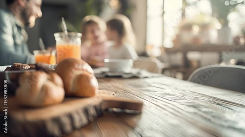Empty rustic wooden dining table top with homemade dishes and pastries, orange jam against blurred family breakfast with children. Place for installation and advertising of products