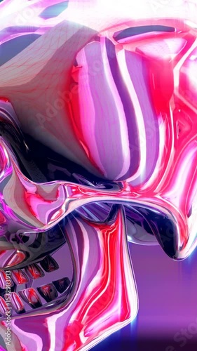 Seamless animation of water skull with deformation and reflections. Cool metallic Halloween vertical video