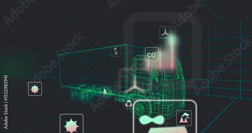 Displaying wireframe semi-trailer truck floating in grid 3D space, glowing CO2 and recycling icons