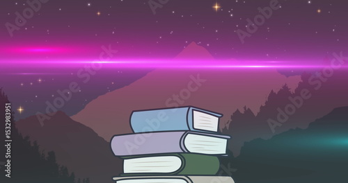 Lighting stack of four hardcover books with pastel covers on nighttime mountain top, neon horizon © vectorfusionart