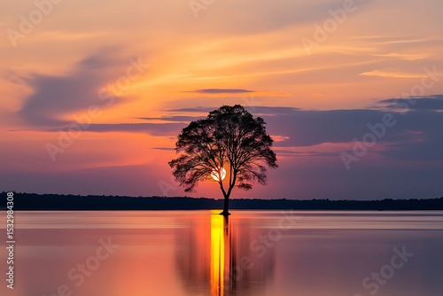 Solitary tree silhouette sunset lake reflection