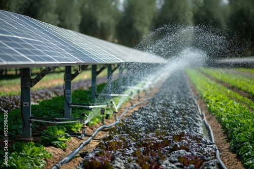 Sprinkler system watering vegetables in a farm with solar panels, showcasing sustainable technology in agriculture