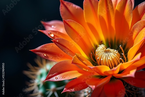 Vibrant orange cactus flower with dew drops